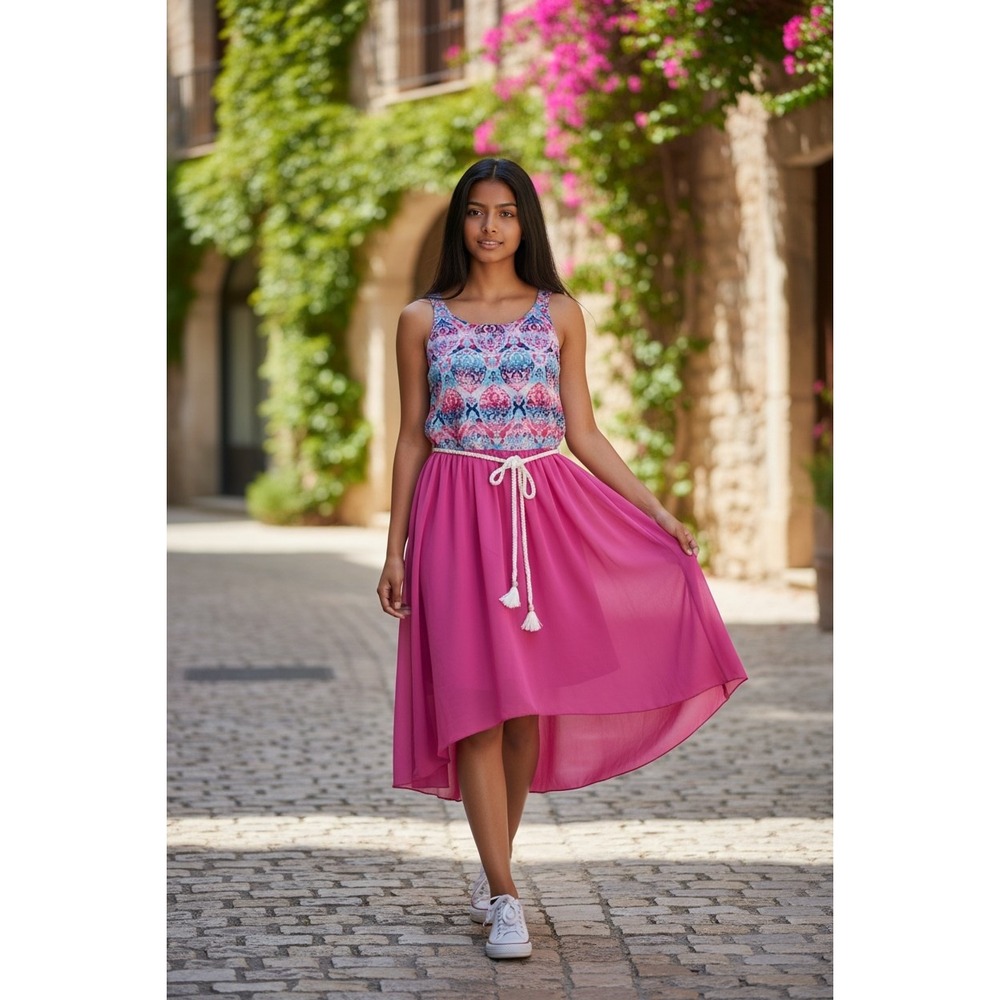 By & By Girl Pink Blue Damask High Low Dress with Rope Belt Size 16.5